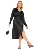 Autumn V-neck Long Sleeve Plus Size Dress with Slit Skirt