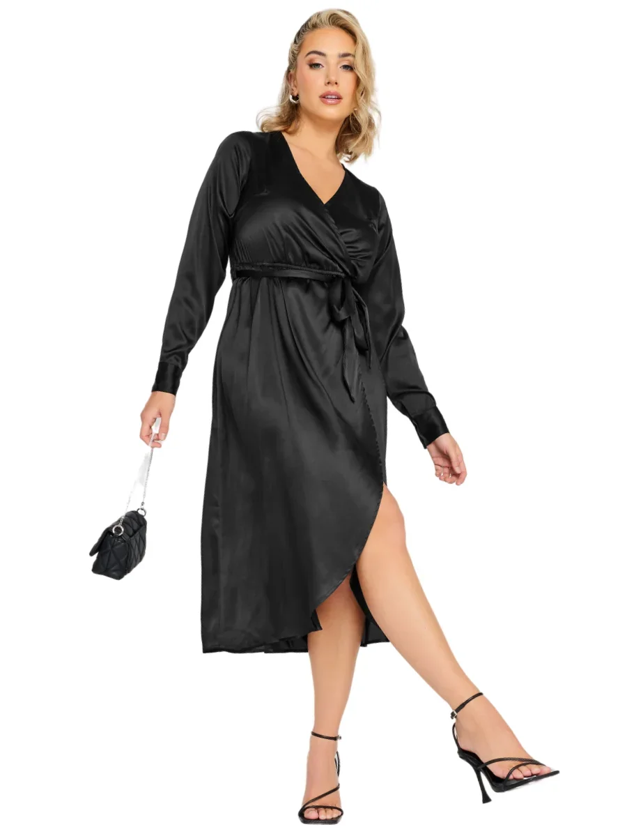 Autumn V-neck Long Sleeve Plus Size Dress with Slit Skirt