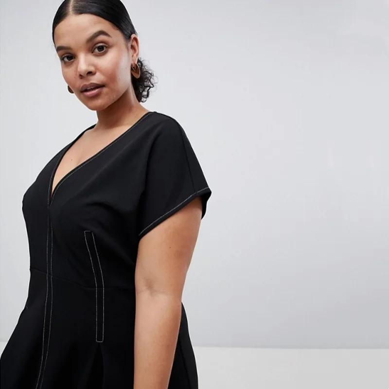 Plus Size Sexy V-neck A-line Fit and Flare Midi Dress - Image 3