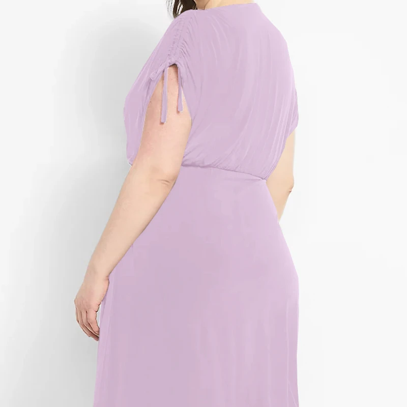 Plus Size Surplice Neck Ruched Midi Wrap Dress - Image 4