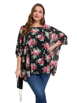 Plus Size Bohemian Batwing Sleeve Chiffon Summer Blouse
