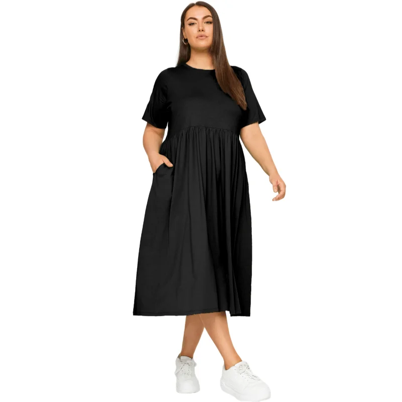 Plus Size Summer Solid Color Casual Cotton T-shirt Dress - Image 2