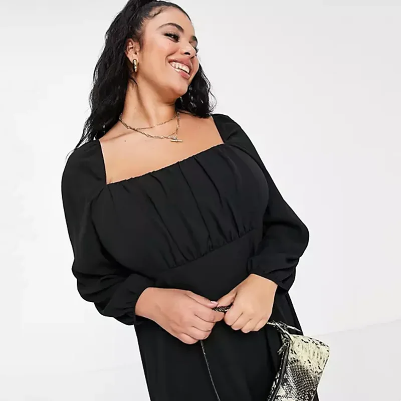 Plus Size Square Ruched Neck Long Sleeve Maxi Dress - Image 4