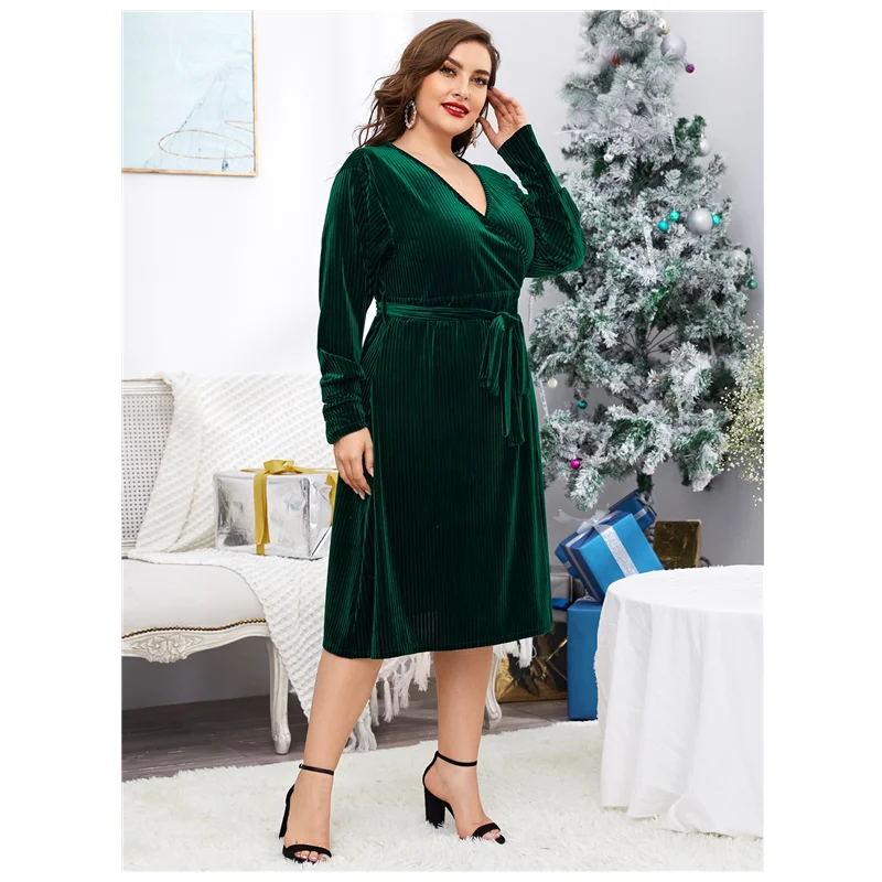 Plus Size Long Sleeve Velvet Wrap Dress with Tie Waist - Image 4
