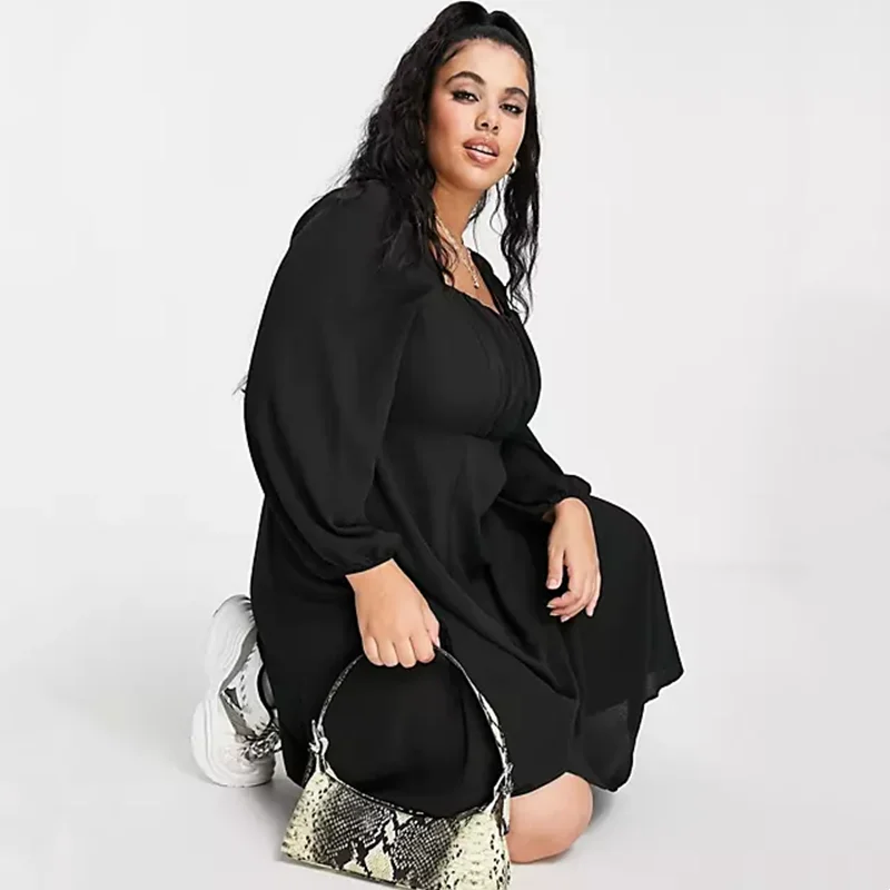 Plus Size Square Ruched Neck Long Sleeve Maxi Dress - Image 3