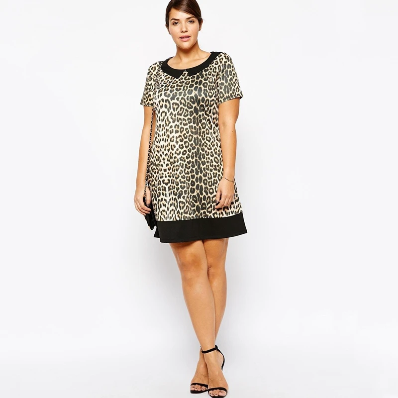 Plus Size Leopard Print Peter Pan Collar Summer Tunic Dress - Image 3