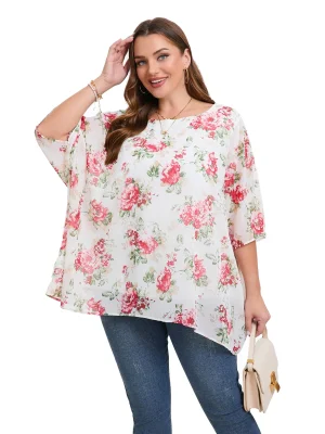 Plus Size Elegant Summer Batwing Sleeve Chiffon Tunic Blouse