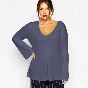 Plus Size V-Neck Long Flare Sleeve Elegant Blouse