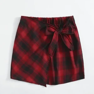 Plus Size Elastic Waist Plaid Bandage Mini Skirt with Bow