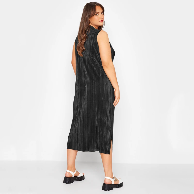 Plus Size Sleeveless Plisse Midi Tank Dress with Side Slit - Image 3
