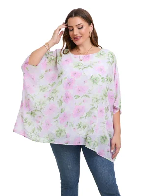 Women’s Plus Size Elegant Batwing Sleeve Chiffon Blouse