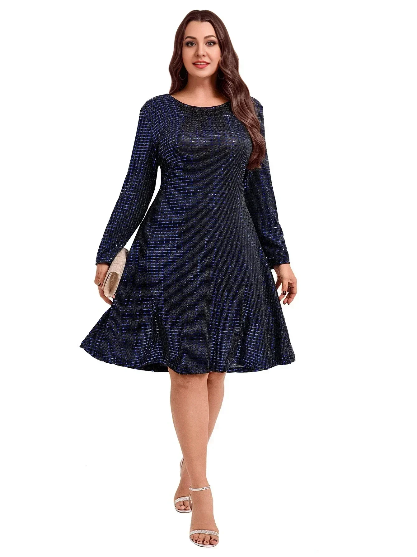 Plus Size Women's Elegant Metallic Swing Midi Dress - Image 2