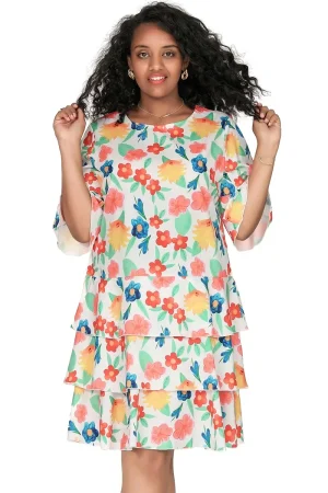 Plus Size 3/4 Sleeve Floral Boho Tiered Ruffle Dress