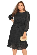 Plus Size Long Sleeve Spot Print Tie Waist Midi Dress