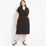 Plus Size Surplice Neck Ruched Elastic Waist Midi Dress