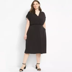 Plus Size Surplice Neck Ruched Elastic Waist Midi Dress