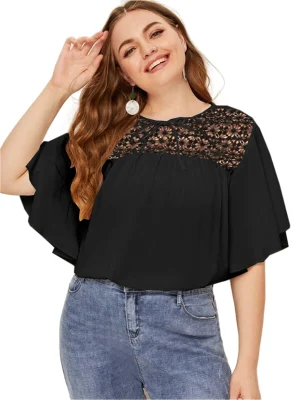 Plus Size Summer Elegant Lace Panel Tie Front Blouse