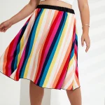 Plus Size Floral Print Rainbow Stripe A-Line Midi Skirt