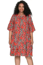 Plus Size 3/4 Sleeve Floral Print Boho A-line Dress