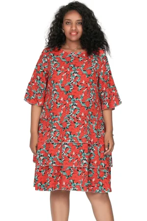 Plus Size 3/4 Sleeve Floral Print Boho A-line Dress