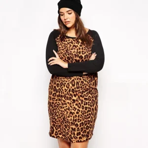 Plus Size Long Sleeve Casual Leopard Print T-shirt Dress