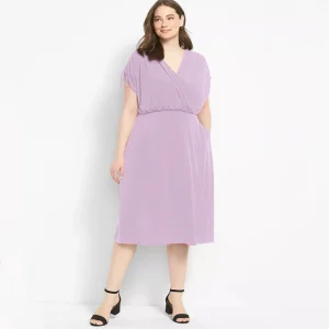 Plus Size Surplice Neck Ruched Midi Wrap Dress