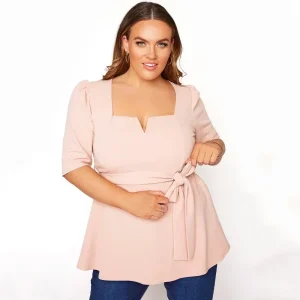 Plus Size Notch Neck Peplum Top with Belted Waist