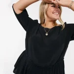Plus Size Elegant Frill Trim Peplum Blouse with Elastic Sleeves