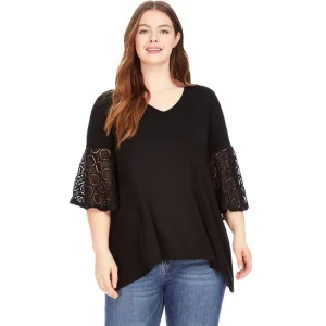 Plus Size V-Neck Lace Bell Sleeve Casual Top for Women