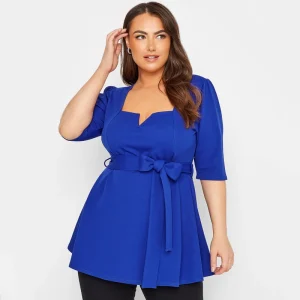 Plus Size Notch Neck Peplum Top with Puff Sleeves