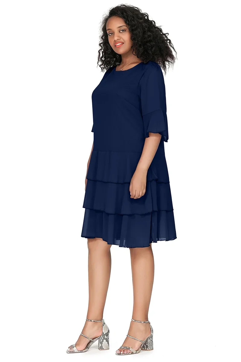 Plus Size 3/4 Sleeve Chiffon Cocktail A-line Ruffle Dress - Image 2