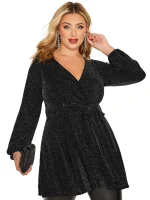Plus Size Elegant V-Neck Long Sleeve Wrap Glitter Top