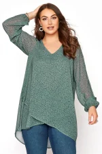 Plus Size Long Sleeve V-neck Hi-Low Wrap Dot Print Blouse