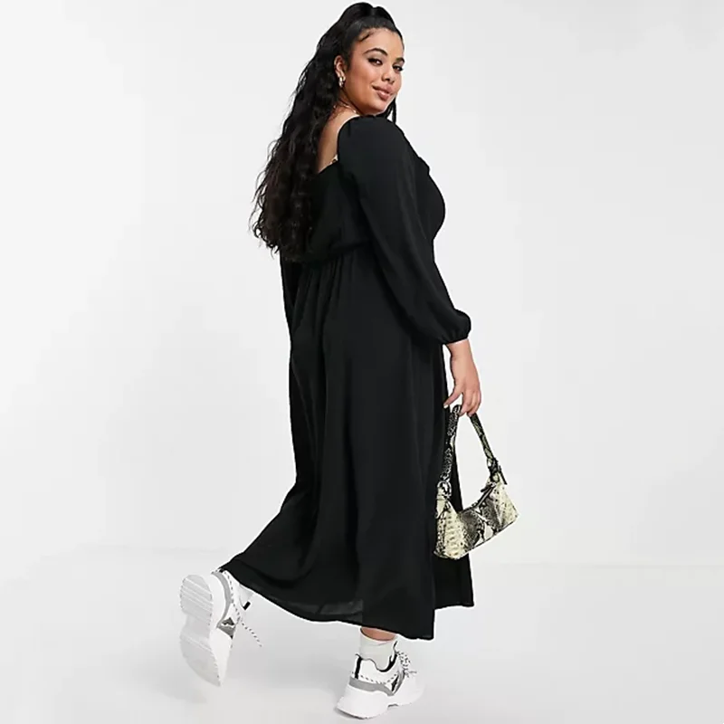 Plus Size Square Ruched Neck Long Sleeve Maxi Dress - Image 2
