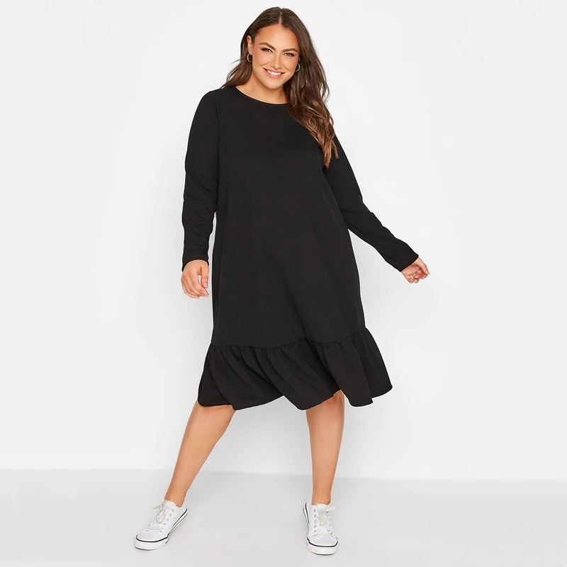 Plus Size Elegant Long Sleeve Black Frill Midi Dress