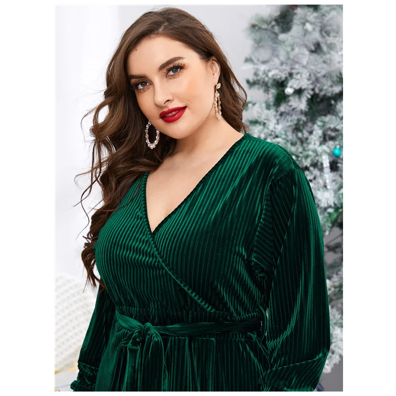 Plus Size Long Sleeve Velvet Wrap Dress with Tie Waist - Image 5