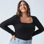 Plus Size Square Neck Long Sleeve Black Sheath Blouse