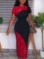 Elegant Red Lace Bodycon Midi Dress for Women