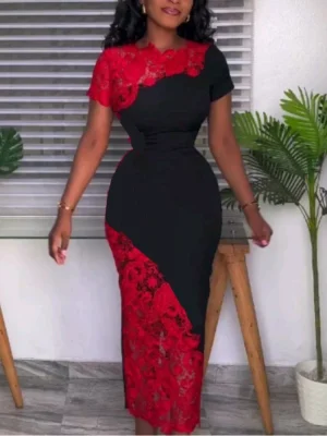 Elegant Red Lace Bodycon Midi Dress for Women