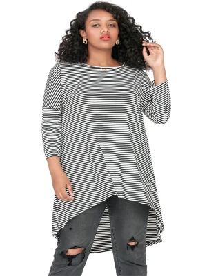 Plus Size Long Sleeve Black and White Stripe Tunic Blouse
