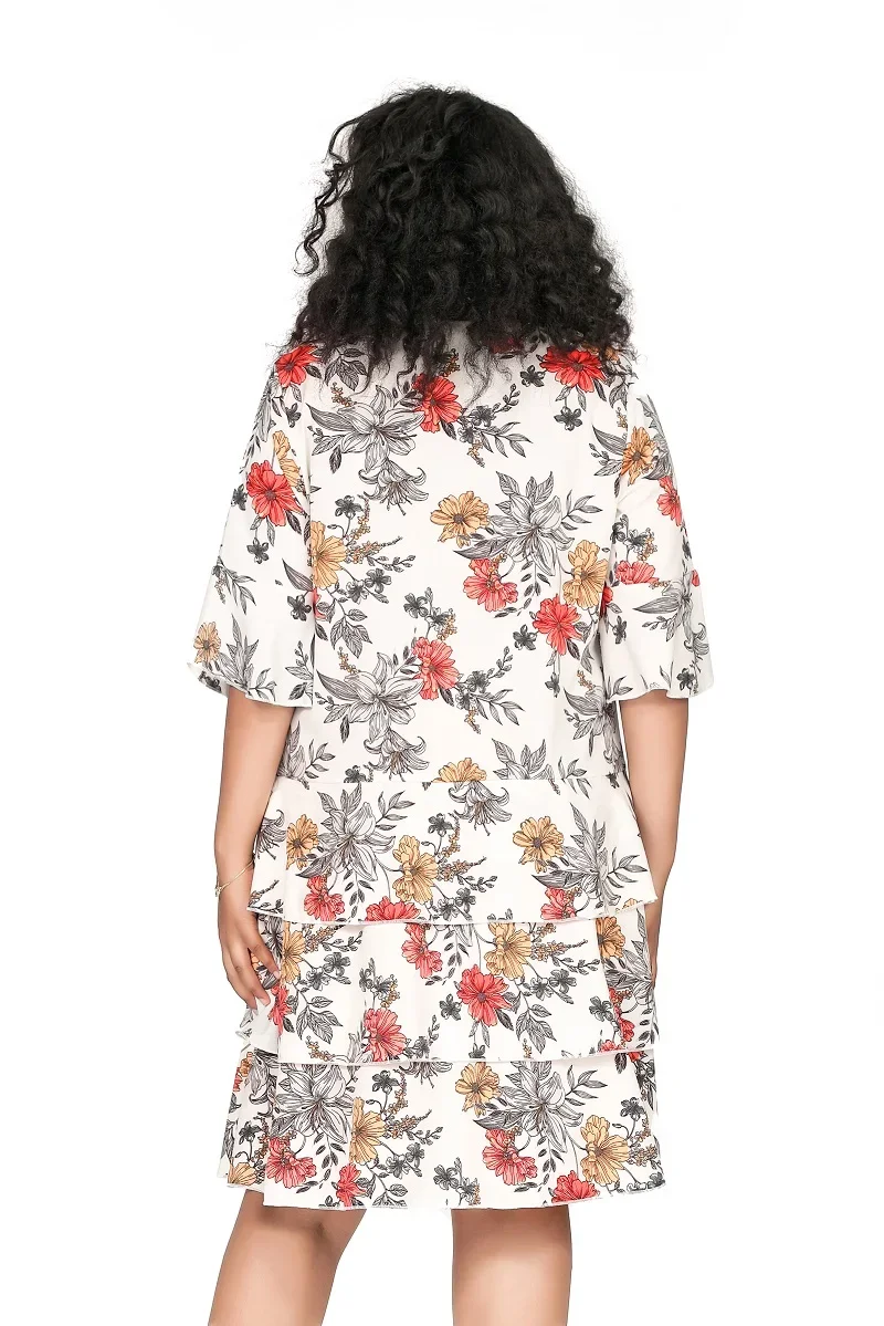 Plus Size 3/4 Sleeve Floral Print Boho A-line Dress - Image 3