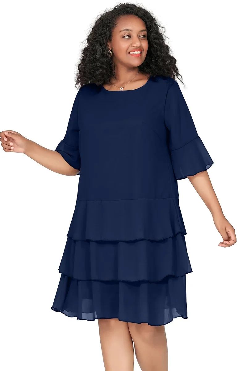 Plus Size 3/4 Sleeve Chiffon Cocktail A-line Ruffle Dress - Image 3
