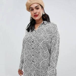 Plus Size Leopard Print Long Sleeve Casual Black and White Shirt
