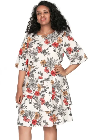 Plus Size 3/4 Sleeve Floral Print Boho A-line Dress