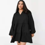 Plus Size Elegant Tiered V-Neck Long Sleeve Shirt Dress