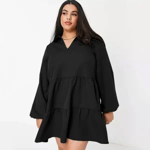 Plus Size Elegant Tiered V-Neck Long Sleeve Shirt Dress