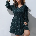 Plus Size Floral Print A-line Puff Sleeve Boho Midi Dress