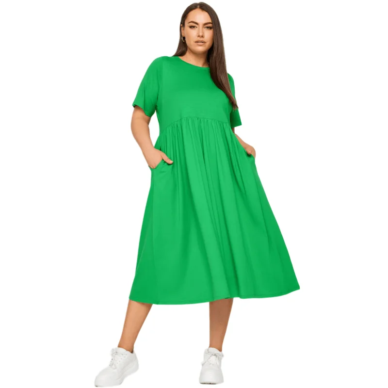 Plus Size Summer Solid Color Casual Cotton T-shirt Dress - Image 5