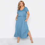 Plus Size V-Neck Elastic Waist Maxi Dress with Side Split
