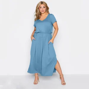 Plus Size V-Neck Elastic Waist Maxi Dress with Side Split